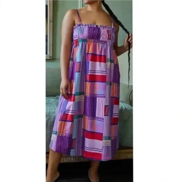 Eloqui Shift Dress Smocked Bodice Empire Gathered Color Block Midi plus size 20‎ - Picture 2 of 14